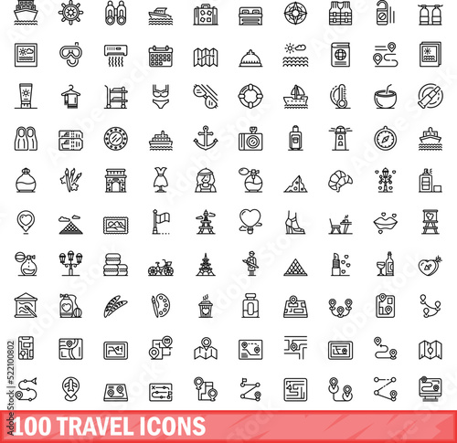 100 travel icons set. Outline illustration of 100 travel icons vector set isolated on white background