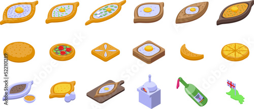 Khachapuri icons set isometric vector. Pie bakery. Food georgian