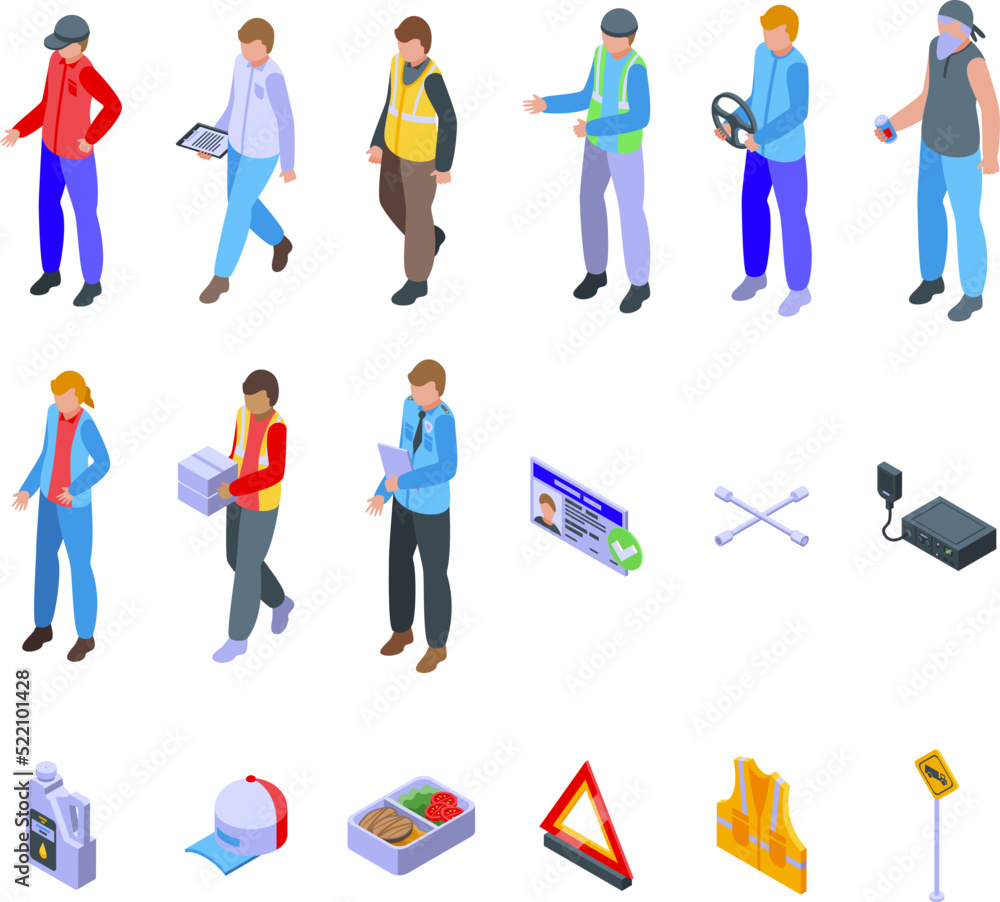 Trucker icons set isometric vector. Driver truck. Lorry job Trucker icons set isometric vector. Driver truck. Lorry job