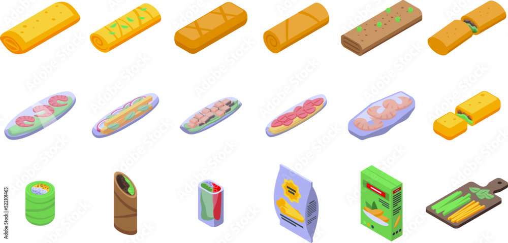 Spring roll icons set isometric vector. Food vietnamese. Asia food Spring roll icons set isometric vector. Food vietnamese. Asia food
