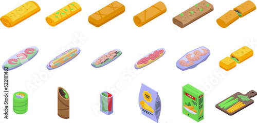 Spring roll icons set isometric vector. Food vietnamese. Asia food