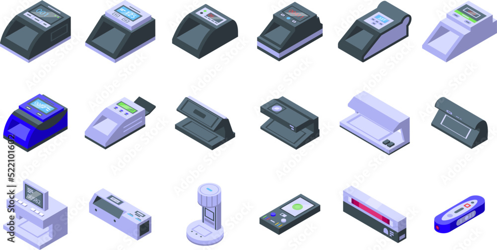 Currency detector icons set isometric vector. Bank cash. Business bill