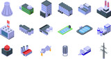 Nuclear power station icons set isometric vector. Power energy. Nuclear tower