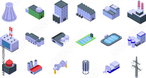 Nuclear power station icons set isometric vector. Power energy. Nuclear tower