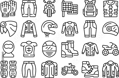 Biker clothes icons set outline vector. Motorcycle gear. Gear accessories