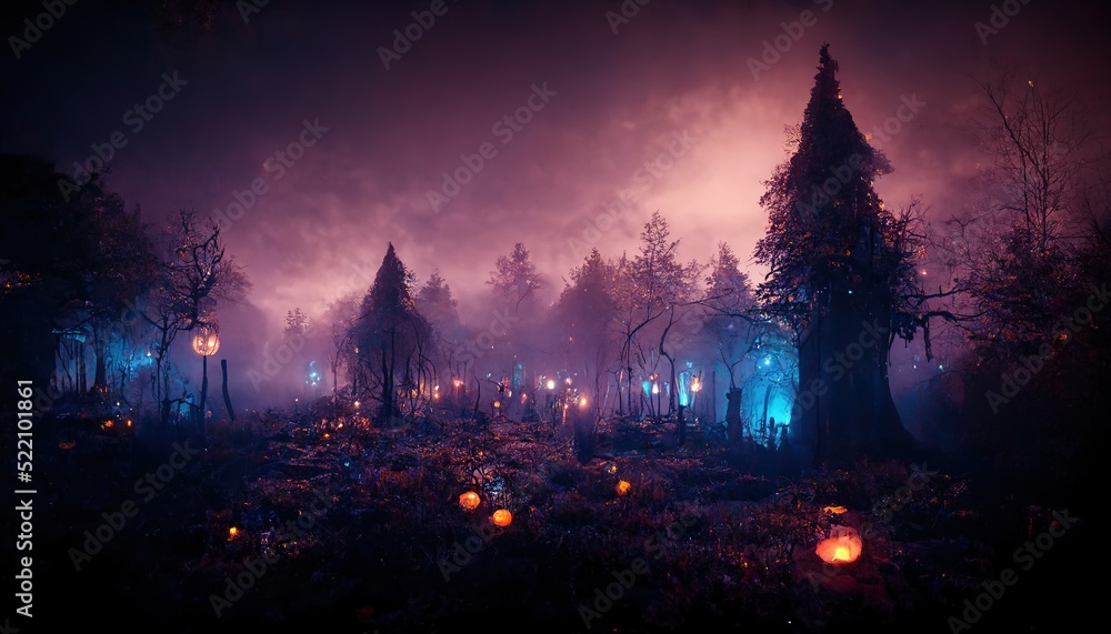 Realistic haunted forest creepy landscape at night. Fantasy Halloween forest background. Digital art. Realistic haunted forest creepy landscape at night. Fantasy Halloween forest background. Digital art.