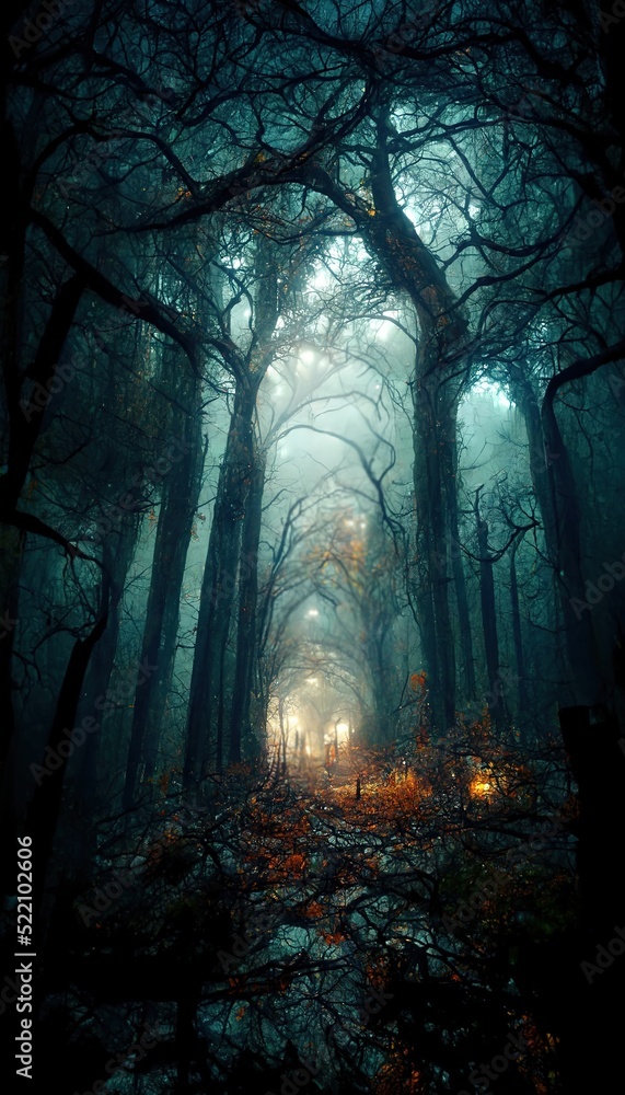 Realistic haunted forest spooky landscape at night. Fantasy Halloween forest background. Digital art.