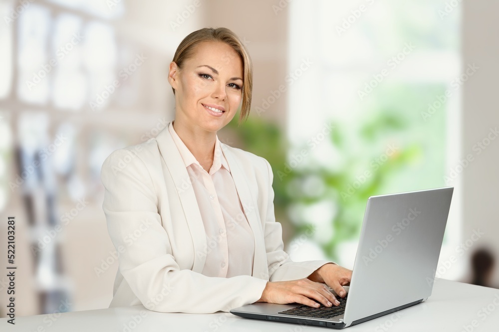 Portrait of smiling beautiful business woman working in office use computer. Business owner people Portrait of smiling beautiful business woman working in office use computer. Business owner people