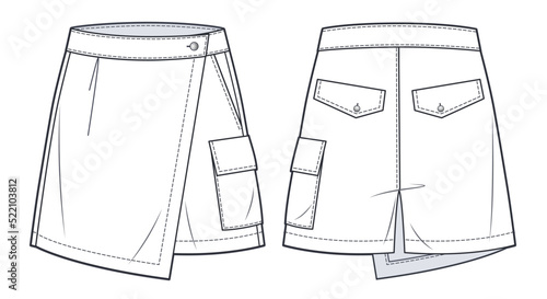 Short Pants technical fashion illustration. High Waisted  Shorts, Skirt fashion flat sketch template, front, back view, white, women, CAD mockup.
