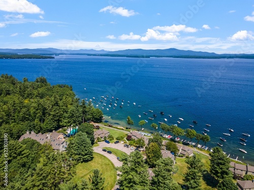 Aerial view of boats on the shore of Lake Winnipesaukee in New Hampshire photo