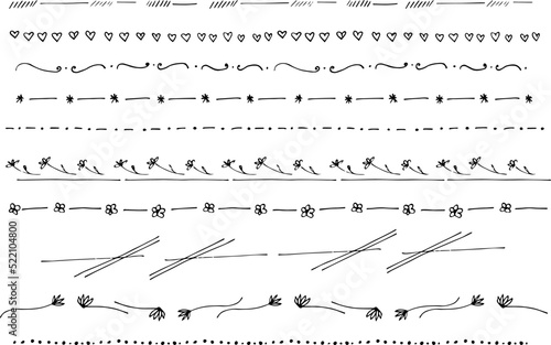 Strokes for seamless frame borders. Handmade brush with marker pen. Decorative ornaments, flowers to compose layout, wedding invitation design, details. Polka dots lines, dashes and graphic resources.