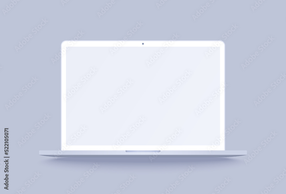 White laptop mockup. Clay notebook in 3d realistic style for promo your web design or presentation. Clay laptop with blank screen isolated on purple background with shadow. - obrazy, fototapety, plakaty 
