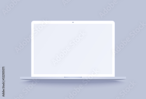 White laptop mockup. Clay notebook in 3d realistic style for promo your web design or presentation. Clay laptop with blank screen isolated on purple background with shadow.