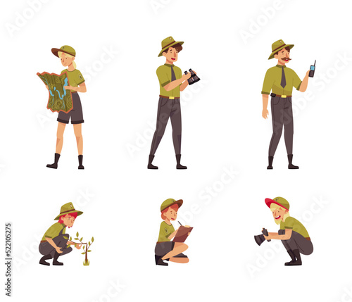 Male and Female as Park Ranger or Forest Rangers Protecting and Preserving National Parklands Vector Set
