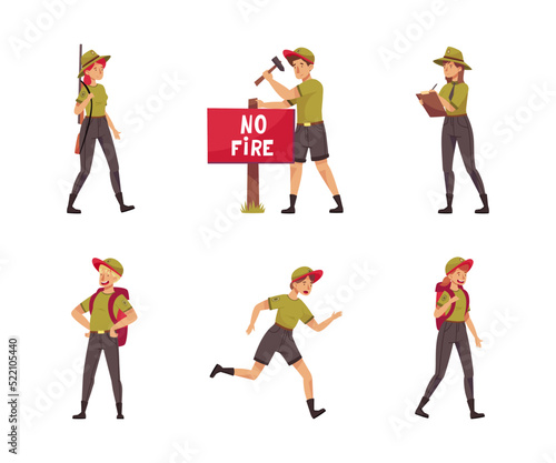 Male and Female as Park Ranger or Forest Rangers Protecting and Preserving National Parklands Vector Set