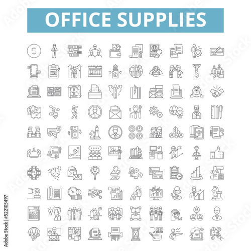 Office supplies icons, line symbols, web signs, vector set, isolated illustration