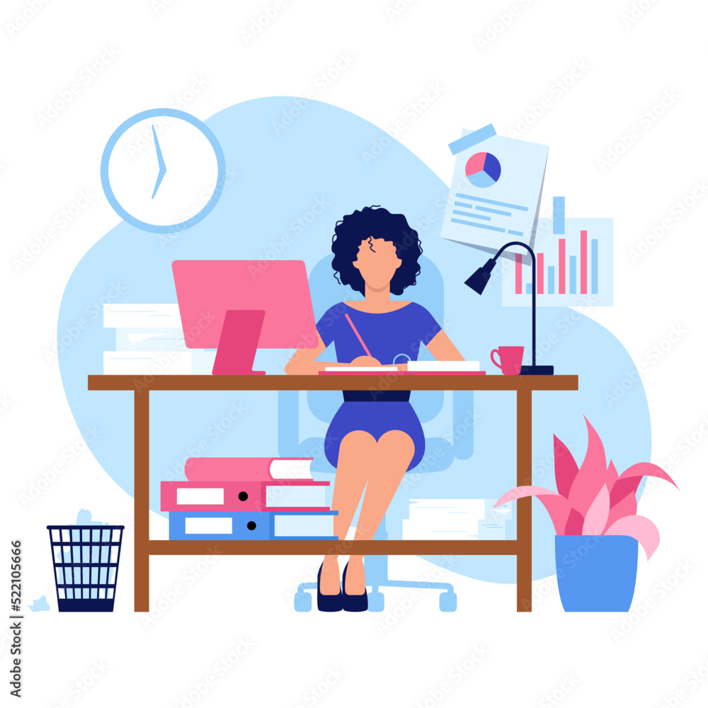 Vector illustration of accountant. Cartoon scene with a girl who considers the costs of the company and goes through folders with papers. Vector illustration of accountant. Cartoon scene with a girl who considers the costs of the company and goes through folders with papers.