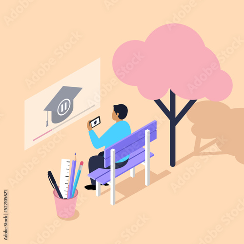 Vector illustration of mobile education. Cartoon scene with a student who studies remotely on the street.