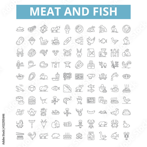 Meat and fish icons, line symbols, web signs, vector set, isolated illustration