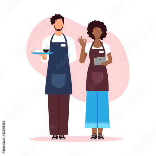 Vector illustration of beautiful waiters. Cartoon scene with man and girl waiters who meet visitors to a cafe with a cup of coffee.