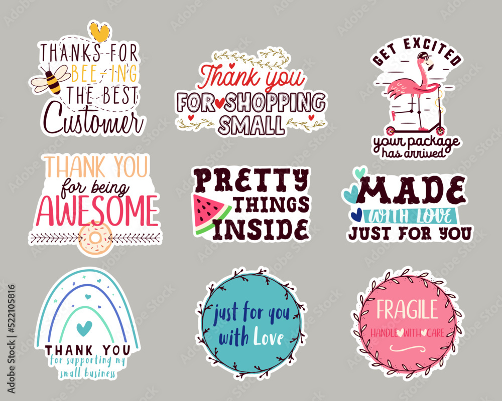 Creative vector design of sticker with phrases Made with love, thanks for supporting small business and others for supporting small business labels. Stock illustrations
