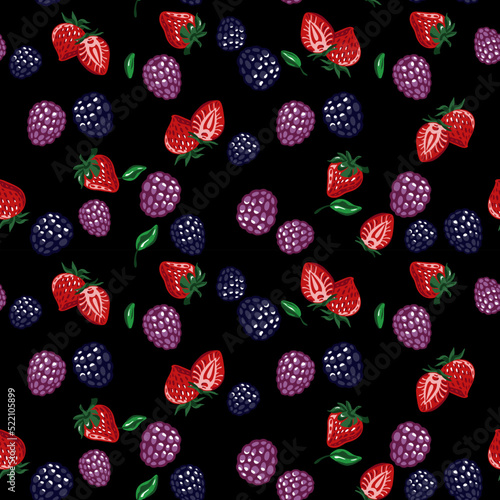 Berries seamless pattern on black background. Strawberries and raspberries. Vector.