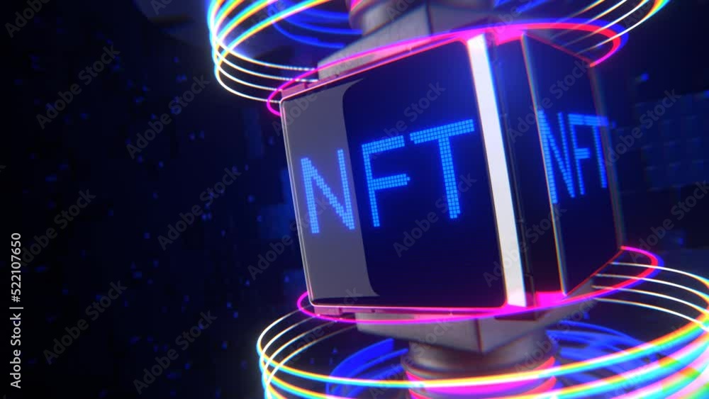 Non-fungible NFT token. NFT on monochrome display. Smoothly rotating cube with a neon inscription.
