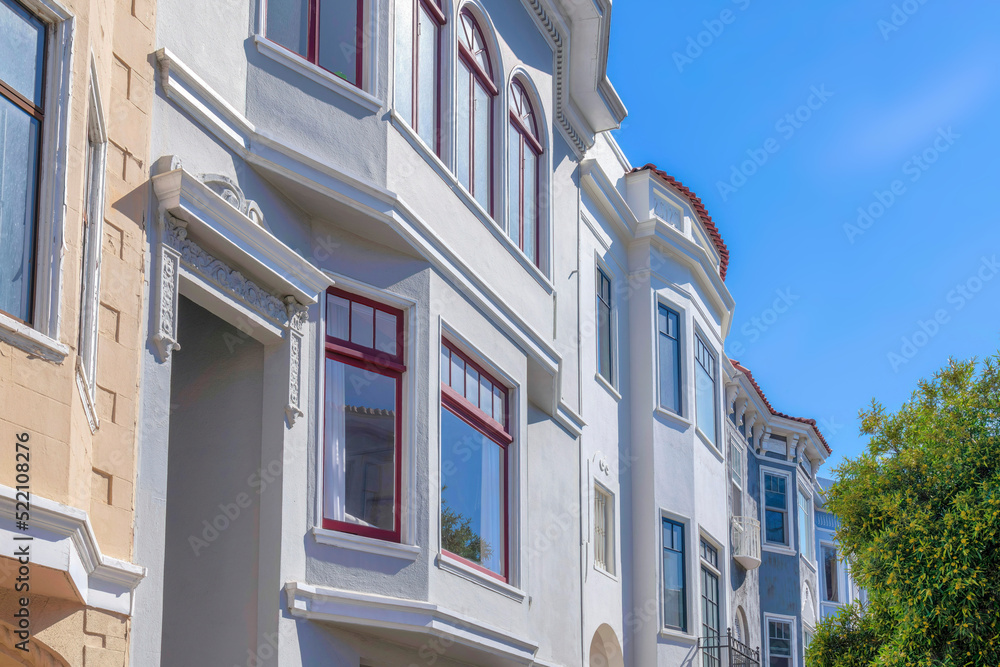 Rowhouses side view with painted walls across the trees against the sky in San Francisco, CA