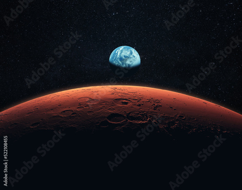 Fototapeta Naklejka Na Ścianę i Meble -  Mars, the red planet with detailed surface features and craters in deep space. Blue Earth planet in outer space. mars and earth, concept