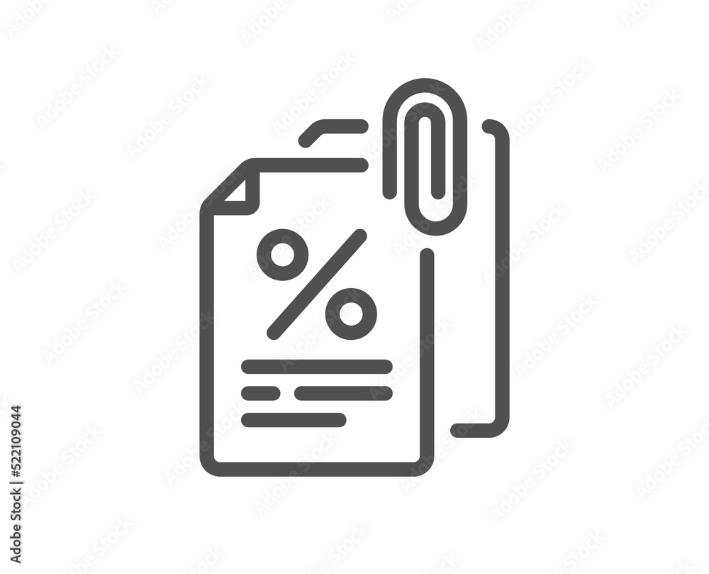 Tax documents line icon. Tax rate attachment sign. Payroll report symbol. Quality design element. Linear style tax documents icon. Editable stroke. Vector Tax documents line icon. Tax rate attachment sign. Payroll report symbol. Quality design element. Linear style tax documents icon. Editable stroke. Vector