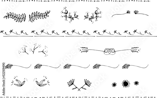 Borders and separators. Graphic resources to compose layout, frames, finish projects. Hand-drawn, isolated over white background, marker pen. Flowers, ornaments, arabesques, ideal for invitations 