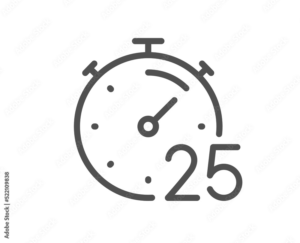 Timer 25 minutes line icon. Stopwatch time sign. Countdown clock symbol. Quality design element. Linear style timer icon. Editable stroke. Vector Timer 25 minutes line icon. Stopwatch time sign. Countdown clock symbol. Quality design element. Linear style timer icon. Editable stroke. Vector