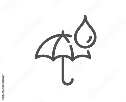 Waterproof umbrella line icon. Water resistant sign. Rain protection symbol. Quality design element. Linear style waterproof umbrella icon. Editable stroke. Vector