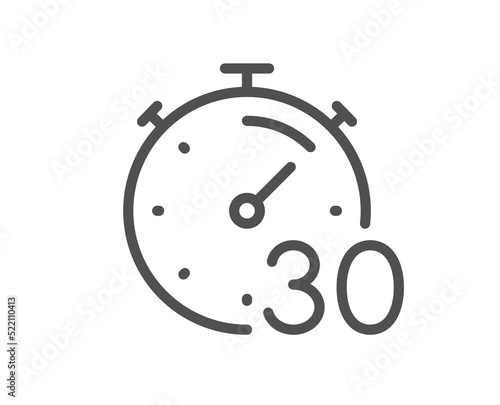 Timer 30 minutes line icon. Stopwatch time sign. Countdown clock symbol. Quality design element. Linear style timer icon. Editable stroke. Vector
