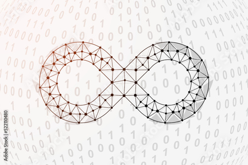 Infinity 3d low poly symbol with binary code background. Forever design vector illustration. Unlimited polygonal symbol with connected dots