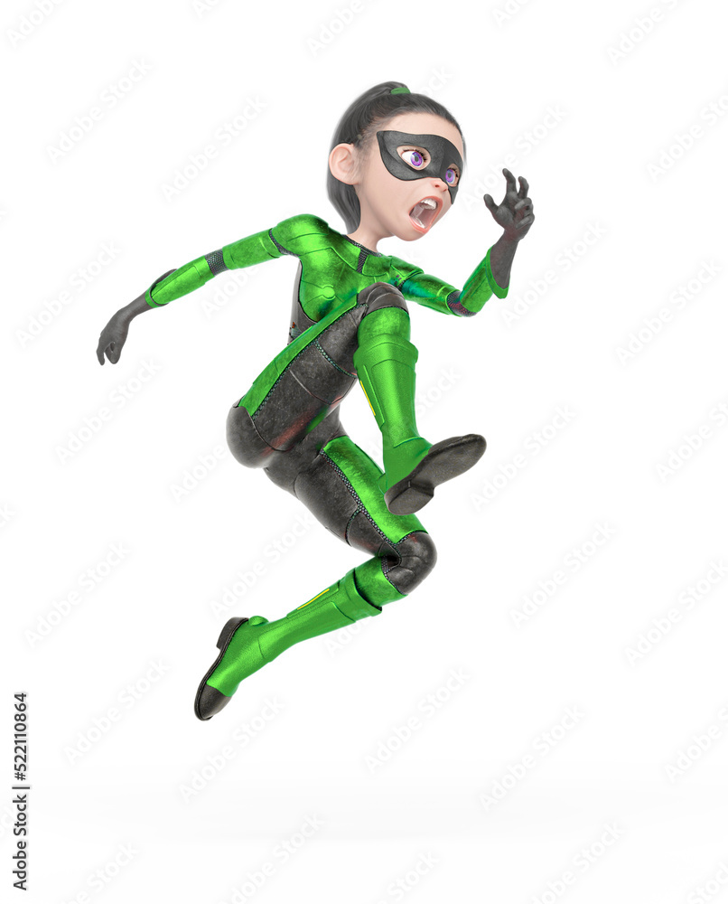 superheroine girl is jumping fast in white background superheroine girl is jumping fast in white background