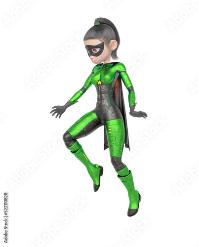 superheroine girl is floating and looking down in white background