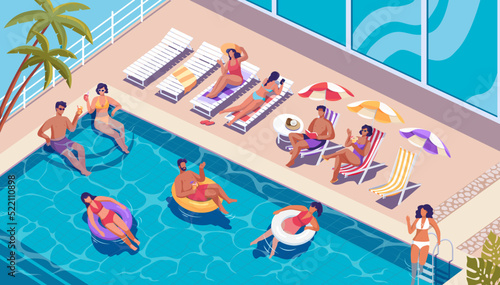 People relaxing at the swimming in pool, taking sunbeds and having fun. Colorful isometric illustration