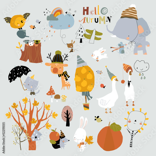 Cartoon Autumn Set with Funny Animals and Trees