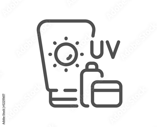 Sunscreen line icon. Uv Sun cream sign. Sunblock lotion symbol. Quality design element. Linear style sunscreen icon. Editable stroke. Vector