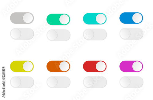 Multicolor on and off toggle switch.  Slider buttons to turn on and off. Colorful toggle switches for user interface on a touchpad device. Colored power control switch. Vector stock.