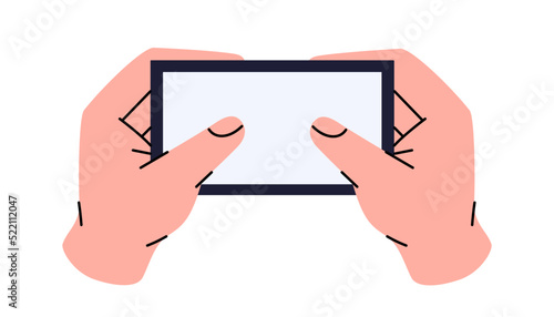 Hand holding mobile phone. Mobile phone in the hand. Fingers touching screen. Mobile gaming concept. Smartphone with a blank white screen.