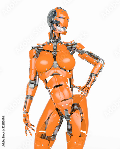 cyborg girl is doing a pin up pose on white background