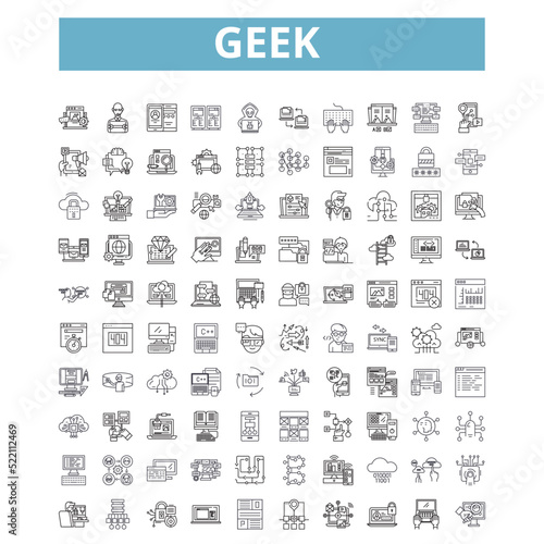 Geek icons, line symbols, web signs, vector set, isolated illustration