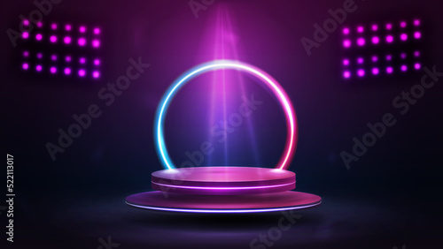 Empty podium floating in the air with spotlights on background. illustration with abstract scene with pink and blue circle neon frame