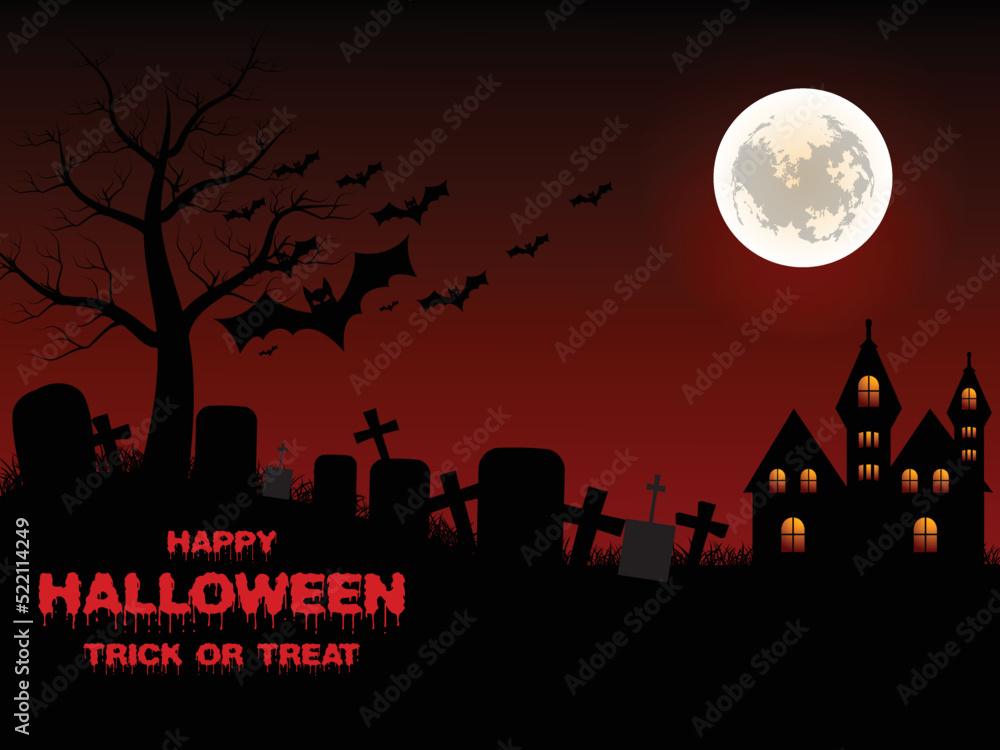 Haunted house, bats flying at moon night Spooky Halloween scene