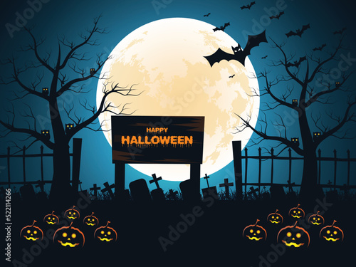 Realistic Halloween dead trees, bats flying at moon night background