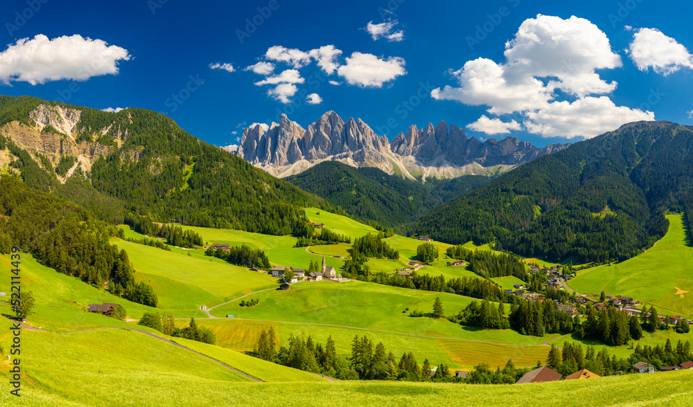 The church of Santa Maddalena and The Odle Mountain Peaks In Background, Panoramic View, Dolomites, Val di Funes, South Tyrol, Italy