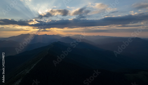Beautiful evening landscape. Coniferous forest covers mountain hills. Forested hills in rising fog. Mountain sunset hills. Breathtaking aerial view of the tall mountains covered by the forest. 