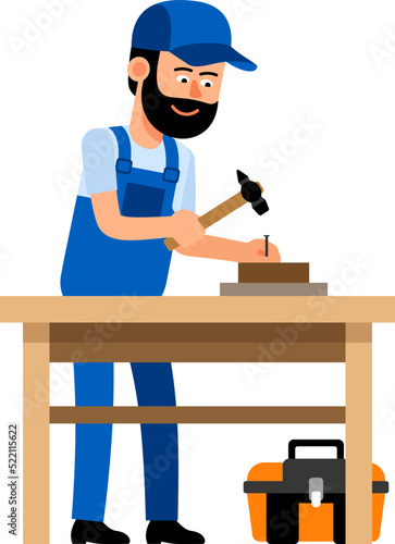 Carpenter hammers a nail on workbench. Cartoon handyman at work. Vector illustration